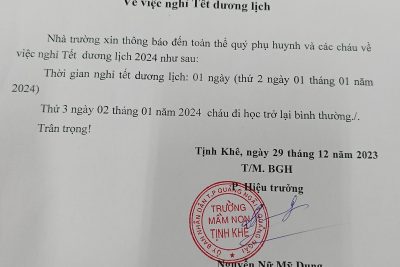 Trường MN Tịnh Khê thông báo lịch nghỉ Tết dương lịch năm 2024